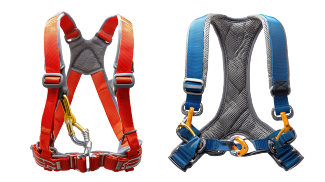 Two safety harnesses, orange and blue