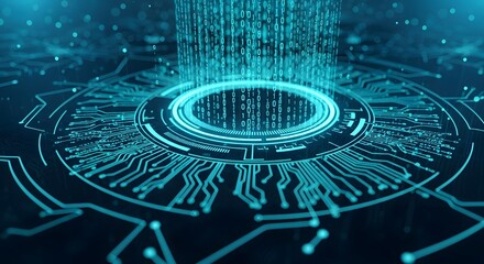 Abstract Digital Circuit Board with Flowing Binary Code Represents High Tech Data Transfer and Modern Technology Development for Future Concepts