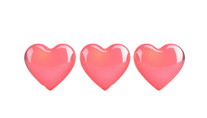 Three Glossy 3D Hearts on Transparent Background