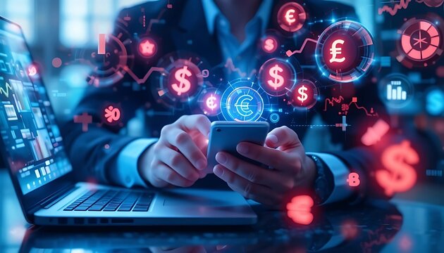 Businessman Using Smartphone with Digital Finance and Currency Data, Global Investment and Stock Market Trading - Powered by Adobe
