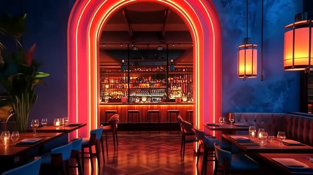 Red Neon Lights and a Bar in a Restaurant Interior