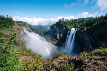 Fototapeta premium Majestic Waterfall with Rainbow Mist Cascading Down a Cliffside in a Lush Forest Landscape Under a Bright Blue Sky