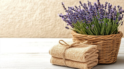 Organic washcloths tied with twine, spa and eco-friendly accessories with lavender flowers