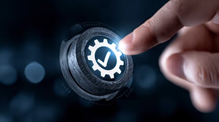 ISO Certification Businessmen Touch the Symbol to Ensure Standards and Quality Control. Achieve operational excellence entrepreneur validate emblem for regulation adherence superior