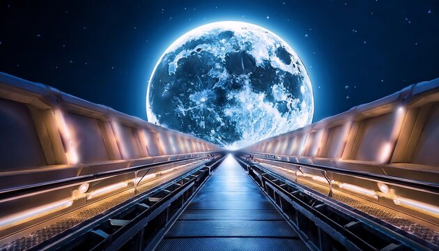 glowing neon lights illuminate a futuristic tunnel guiding the viewer on an immersive journey toward a large detailed moon creating a captivating blend of technology and celestial wonder guide