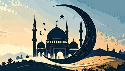 Sacred Mosque Silhouette Cradled by a Crescent Moon Under a Starry Sky