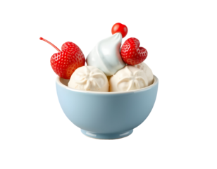 Ice cream sundae with cherries and strawberries in a blue bowl