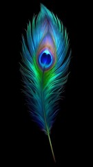 Close up of a vibrant peacock feather with iridescent blue and green colors against a black background
