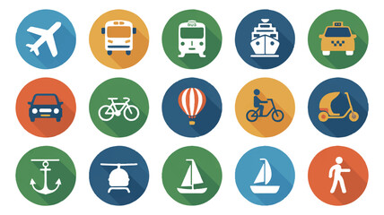 Fototapeta premium Fifteen Circular Icons Representing Various Modes of Transportation and Travel airplane
