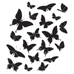 Collection of silhouetted black butterflies in various sizes and poses against a clean white background