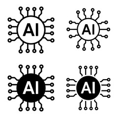 Vector four ai chip icons in black and white showcasing artificial intelligence design