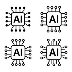 Vector four ai chips with connected nodes arranged in a grid pattern on transparent background