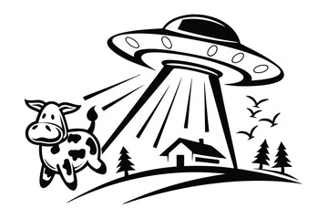 UFO Abducting Spotted Cow over Farmland with Barn and Evergreen Trees Silhouette
