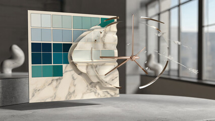 Abstract Artistic Composition with Teal Color Swatches, Marble and Floating Clock