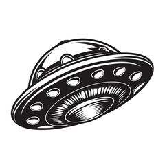 Vintage UFO Spacecraft Silhouette with Stars. SciFi Spaceship Icon Isolated