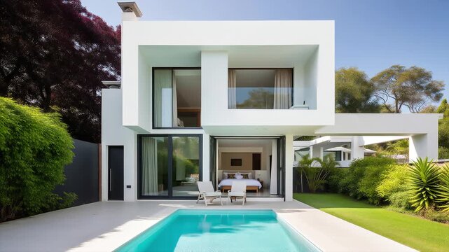 White exterior and interior design of a modern luxury villa with lush gardens and a bedroom, featuring a large pool in front of it. 緑豊かな庭園とベッドルームを備えたモダンで豪華なヴィラの白い外観と内装デザイン。正面に大きなプールがあります。