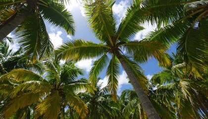 Fototapeta premium Sun-Kissed Palm Tree Canopy Reaching Towards a Bright Blue Sky