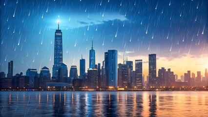 Obraz premium New york city skyline at night with meteor shower stock photo and background image