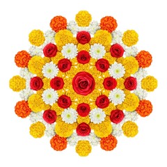 Top view floral pookalam design with marigold and jasmine Onam
