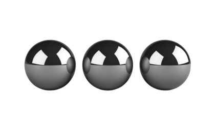 Three glossy metallic spheres with reflective surfaces, gray and silver.