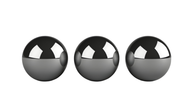 Three glossy metallic spheres with reflective surfaces, gray and silver.