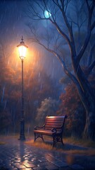 Empty park bench illuminated by a vintage street lamp on a misty night
