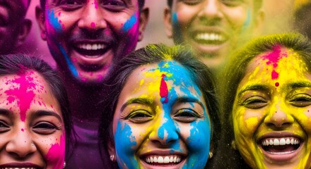 Obraz premium Joyful faces painted with vibrant Holi colors, celebrating the festival of colors with laughter and togetherness.