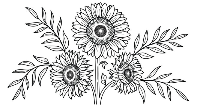 Intricate black and white sunflower line art – elegant botanical illustration with symmetrical leaves and detailed floral design