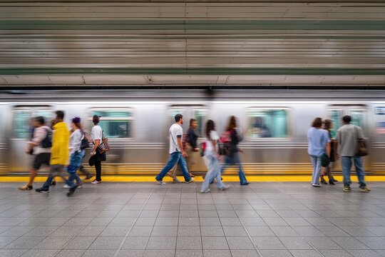 Blurred Motion of Commuters at a Subway Station with a Passing Train in New York City - Powered by Adobe
