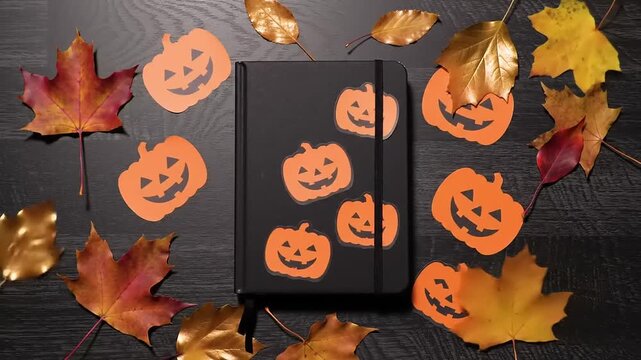 Black notebook autumn leaves stickers