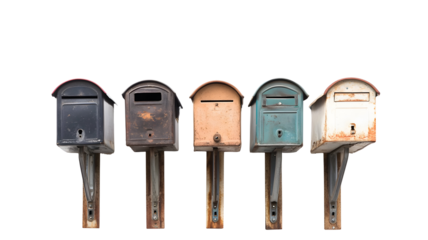 Row of vintage mailboxes isolated on transparent background