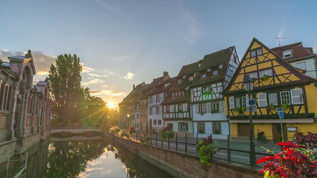 Colmar France time lapse sunrise city skyline of Colorful Half Timber House at Ill River