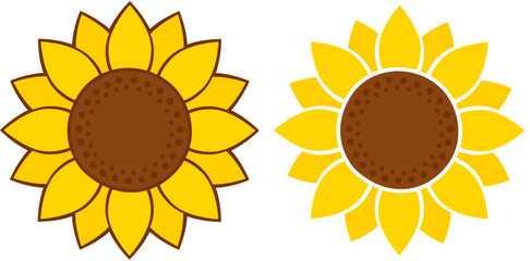 Simple sunflower illustration, with dark and white outline. Vector graphics for logo or icon.
