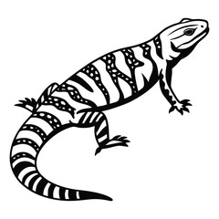Detailed Monochrome Illustration of a Gila Monster Featuring Intricate Patterning and Sharp Contrasts on a White Background