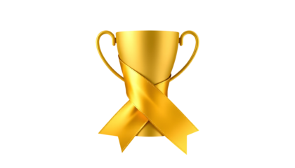 Golden trophy with a ribbon, representing achievement and success.