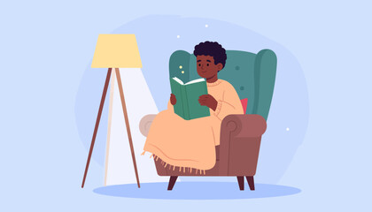 Obraz premium Cozy Reading A Child Engrossed in a Book, Relaxing in an Armchair Under a Lamp