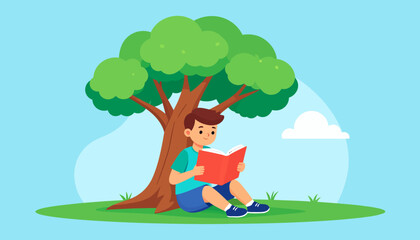 Illustration of a young boy reading a book in nature, sitting peacefully in the shade under a large tree on a summer day.