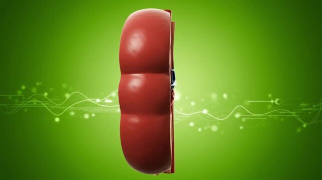 A detailed cross section of a kidney with veins and arteries on a green background