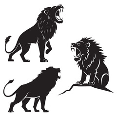 Obraz premium Three silhouetted lions roaring and prowling against a white background representing power and ferocity