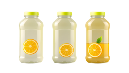 Bottles of orange juice with labels and fruit slices