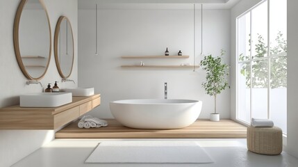 White and wooden panoramic bathroom interior with modern fixtures.