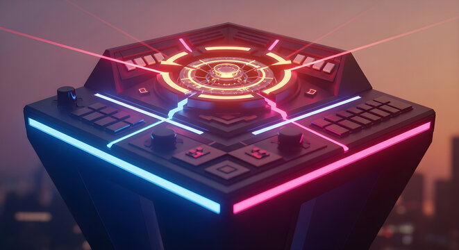 Futuristic scifi console with glowing blue and pink neon edges and a central holographic core. - Powered by Adobe