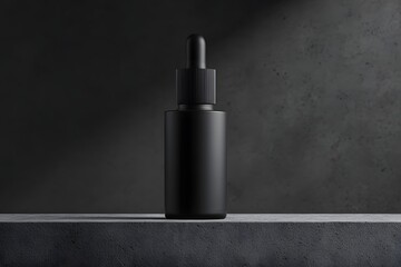 Fototapeta premium Sleek Black Serum Bottle: A minimalist, high-angle shot of a sophisticated black serum bottle with a dropper, showcasing elegance, beauty, and the essence of skincare.