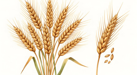 Spikelets of wheat or ray watercolor illustration on isolated background. Drawing of grain for harvest invitations or autumn greeting cards. Fall set with ingredient for bakery and pastry.