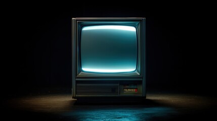a crt television set from early 2000s on a black seamless background, the screen is giving an ominous glow