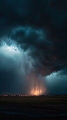 Obraz premium Dark storm clouds fill sky as dramatic rain falls upward from ground to clouds, illuminated by glowing city lights, creating surreal and intense atmosphere
