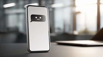 Smartphone chatbot interface technology communication artificial intelligence digital modern office screen displaying message mobile device blank reflection contemporary workspace minimal neutral