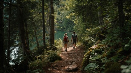a guy and a girl in their twenties hiking through an extremely green forrest
