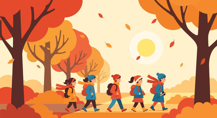 Adobe illustrator artwork vector illustration. Five children with backpacks walk through an autumn forest with colorful trees and falling leaves under a warm, sunny sky