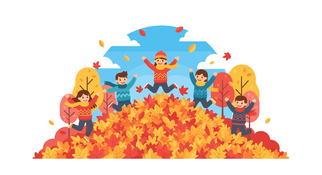 Adobe illustratochildren, vectorr artwork vector illustration. Five joyful children play and jump in a huge pile of colorful autumn leaves under a bright blue sky with falling leaves and autumn trees.